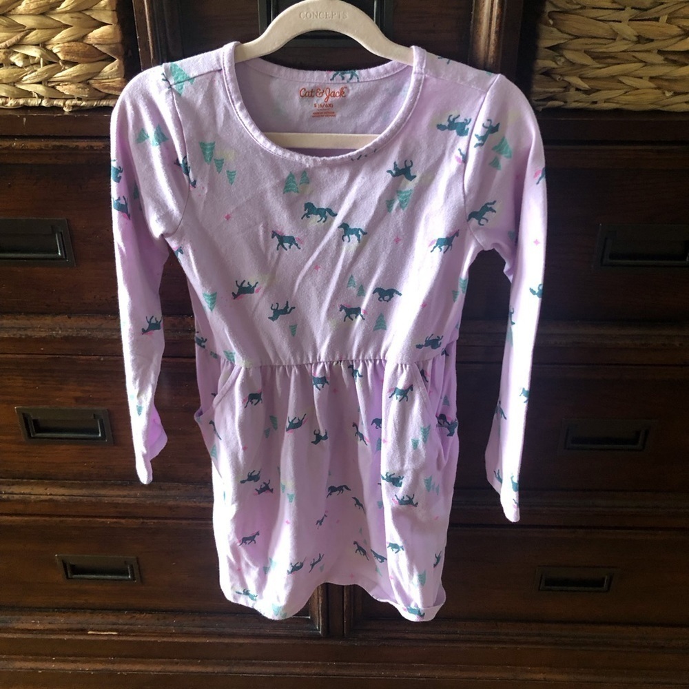 Cat & Jack long sleeve pink unicorn dress with pockets in size S (6-6x)